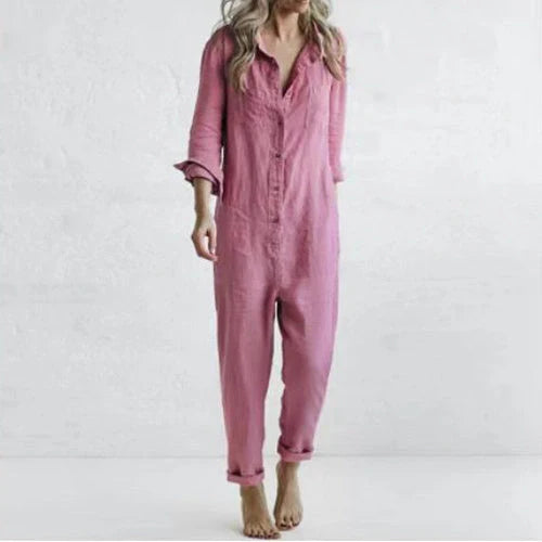 Women's loose fit long sleeve jumpsuit with pockets in various colors