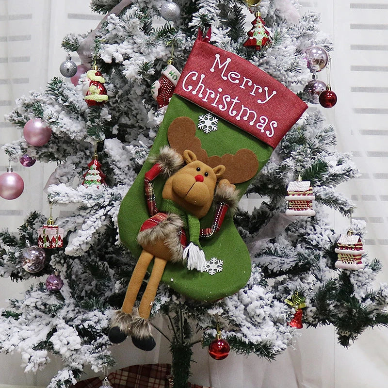 Extra-large Christmas stockings with 3D applique designs of Santa, Snowman, and Reindeer