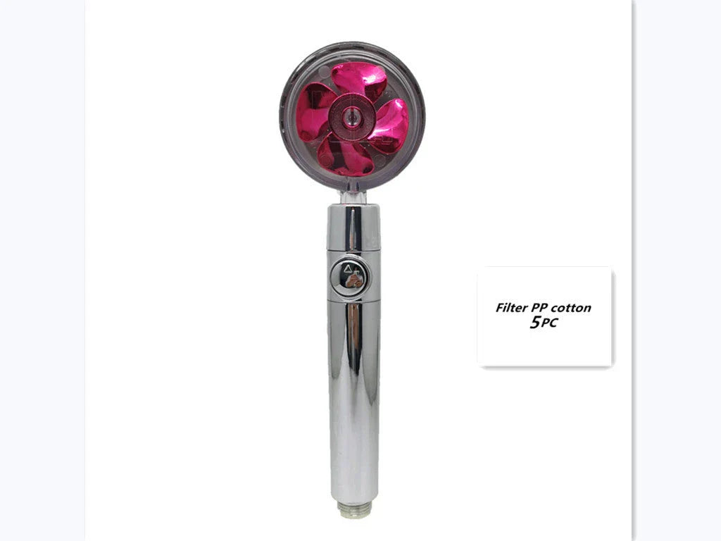 A high-pressure shower head with a stop button, cotton filter, and powerful water pressure for a luxurious bathing experience.