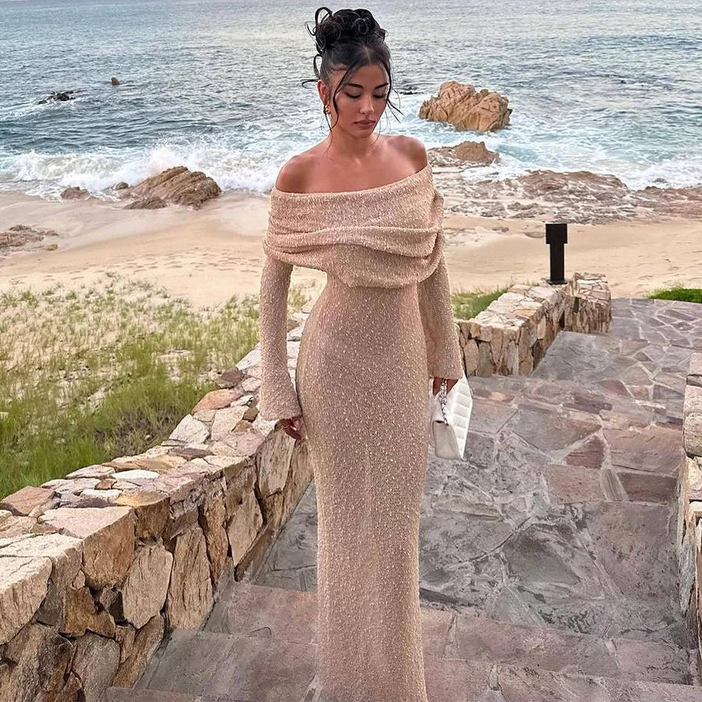 A one-shoulder knit maxi dress in various colors, perfect for beach vacations and summer events.