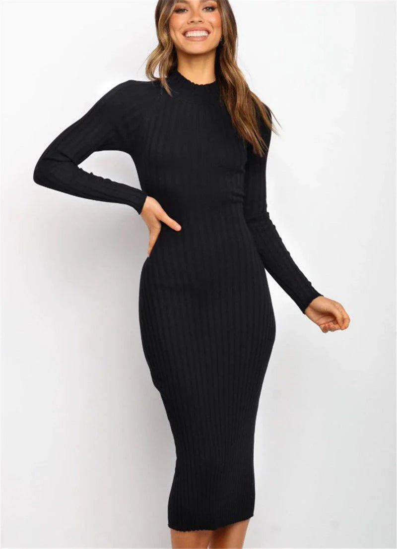 Stylish women's backless bow sweater dresses in solid colors, including green, black, and pink
