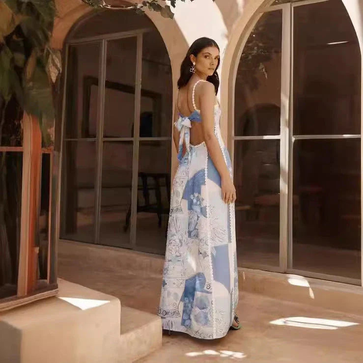 Elegant floral lace backless dress with bow straps in various color options
