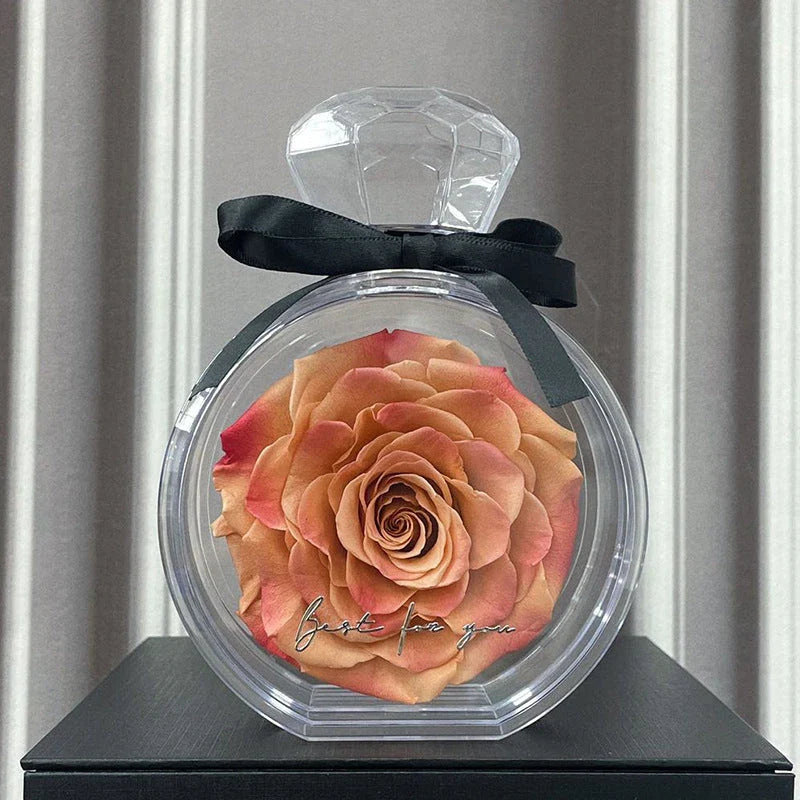 Preserved Rose Flower Ornaments in various colors, including red, pink, plum, and sapphire blue, displayed in a stylish gift box.
