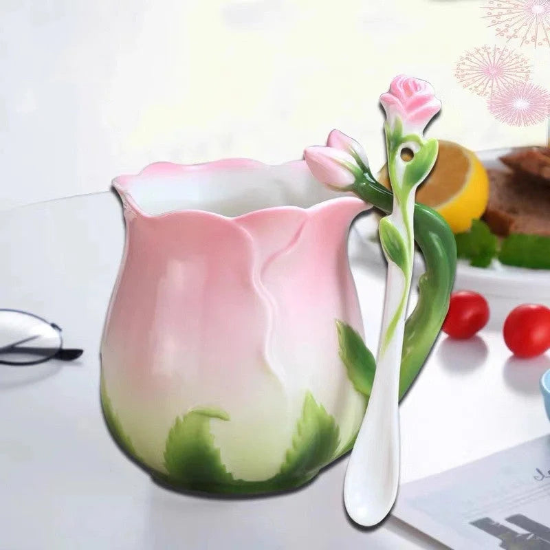 Hand-painted rose ceramic coffee mug with spoon, 320ml capacity