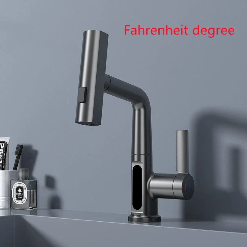 Versatile digital kitchen faucet with temperature display, 360-degree swivel, and pull-out design for enhanced maneuverability and precise water temperature control