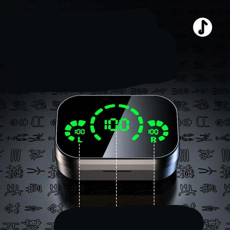 Wireless Bluetooth earbuds with digital display, showing different color and style options