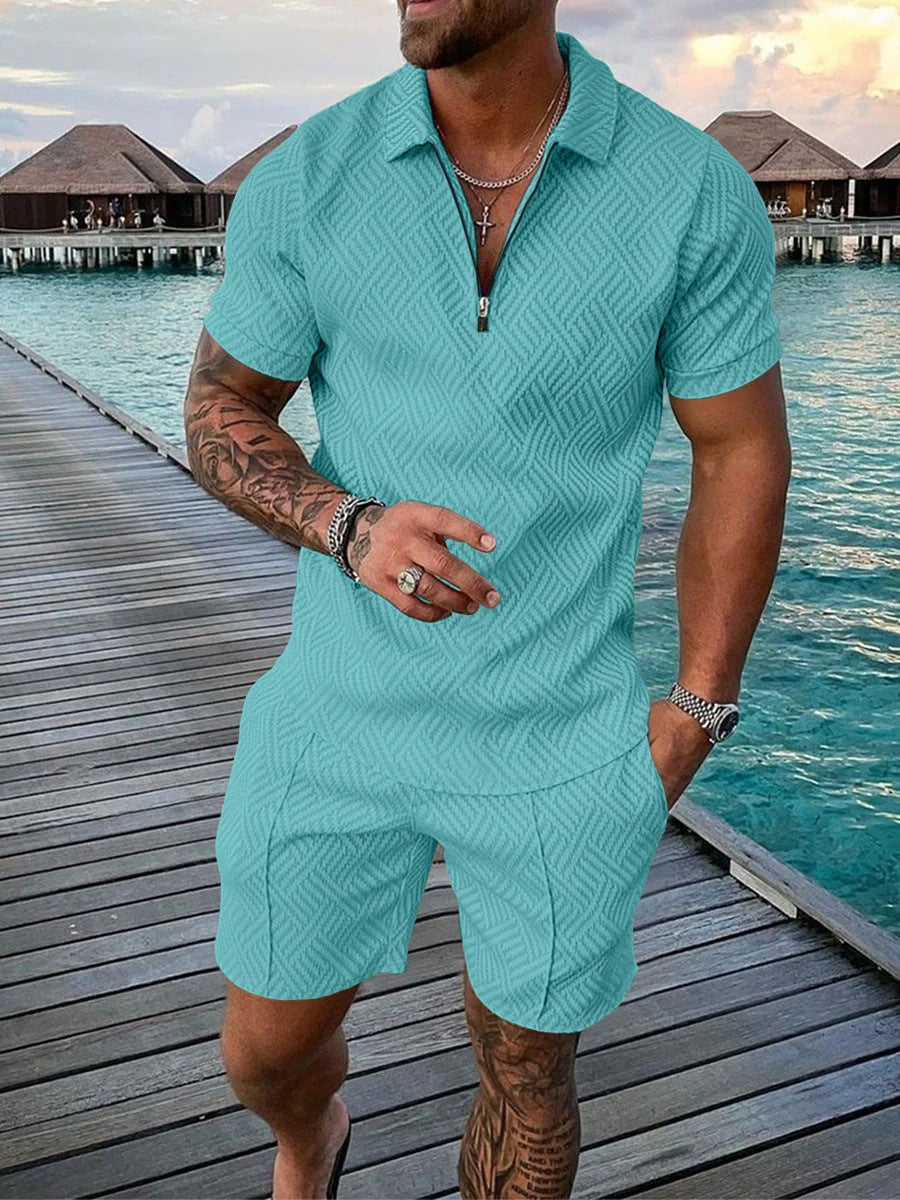 Men's casual contrast polo zip lapel shirt with shorts set in various colours