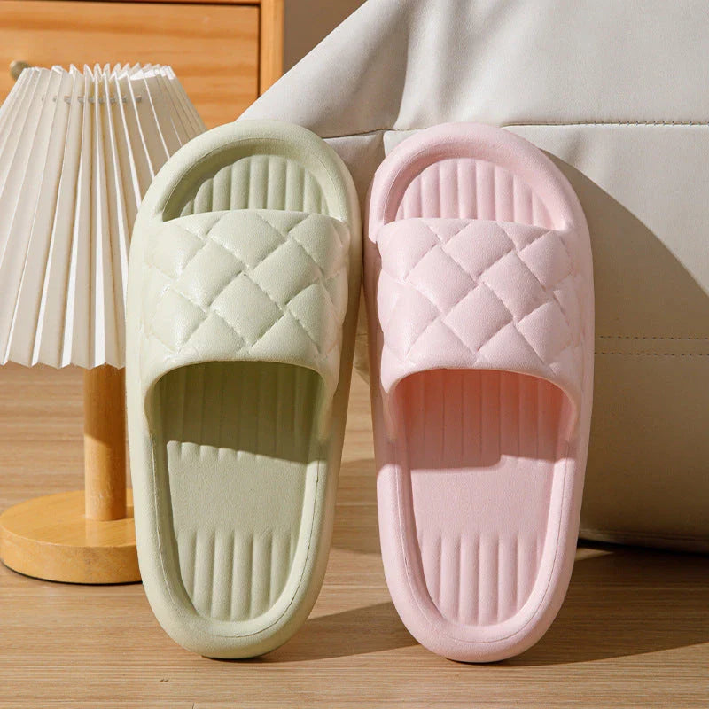 Comfortable and lightweight home slippers with a unique rhombus pattern, waterproof and odor-resistant EVA material, and a non-slip sole for safe indoor wear.