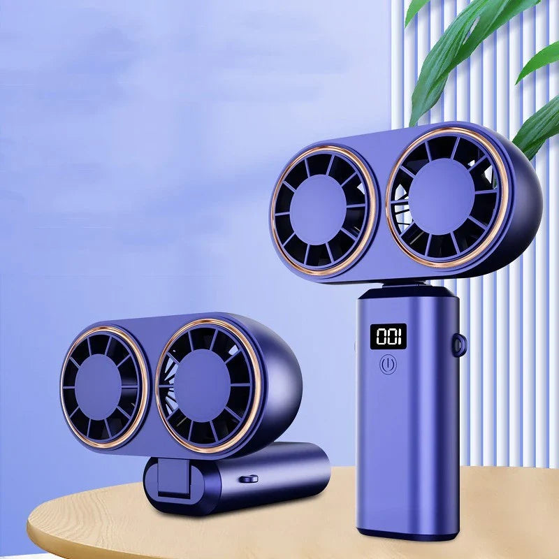 Portable handheld fan with foldable design, digital display, and USB rechargeable power for use in travel, work, and outdoor activities