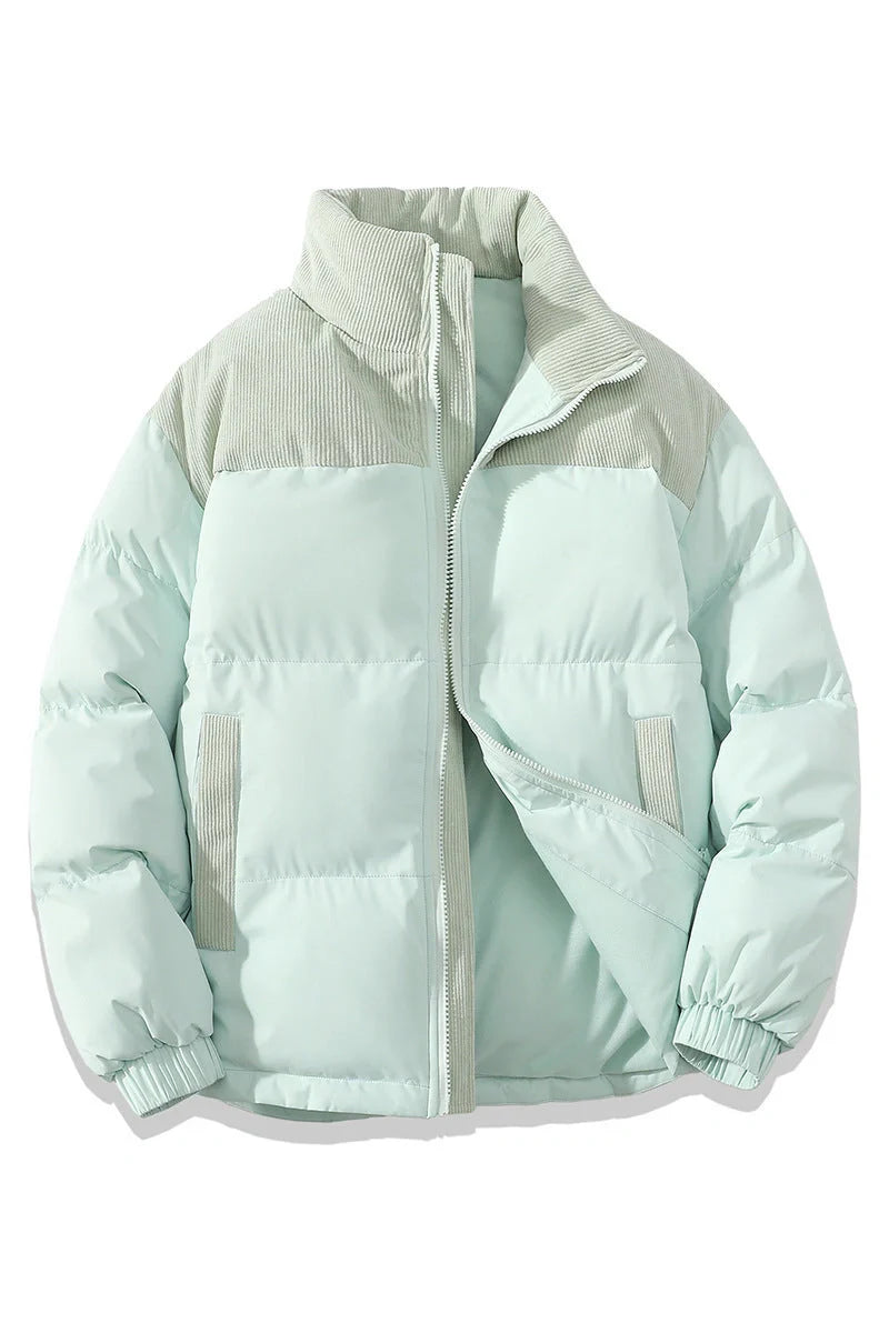 A stylish padded winter coat with contrast-coloured accents, designed for both men and women to stay warm and look fashionable.