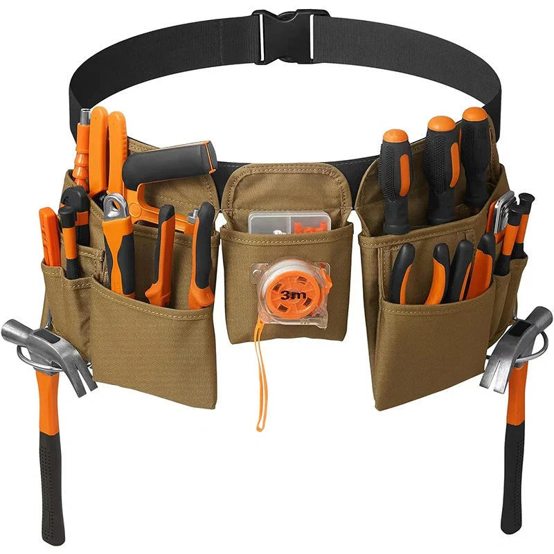 Adjustable tool belt made from durable 900D Oxford cloth with 19 pockets and 20 kg capacity, available in khaki and pink colours