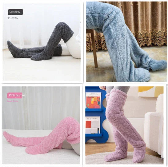 Cozy over-the-knee fuzzy socks in various colors, including brown, blue, dark gray, and pink purple