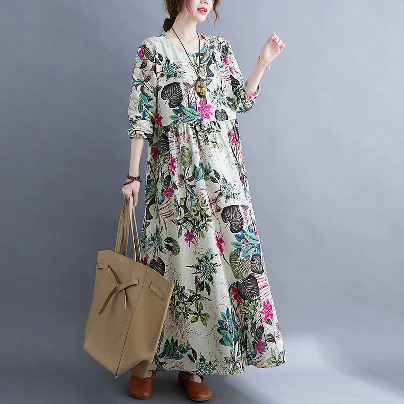 Literary Plus Size Printed Long Sleeve Cotton Blend Dress in vibrant colours
