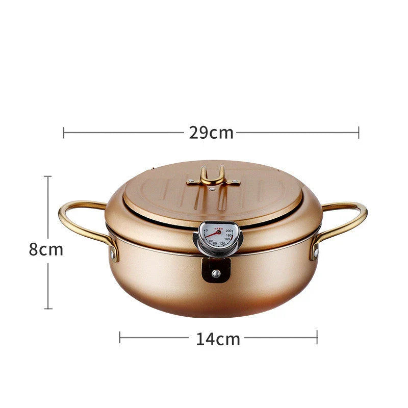 Premium stainless steel folding fryer with thermometer, perfect for frying french fries and other crispy dishes