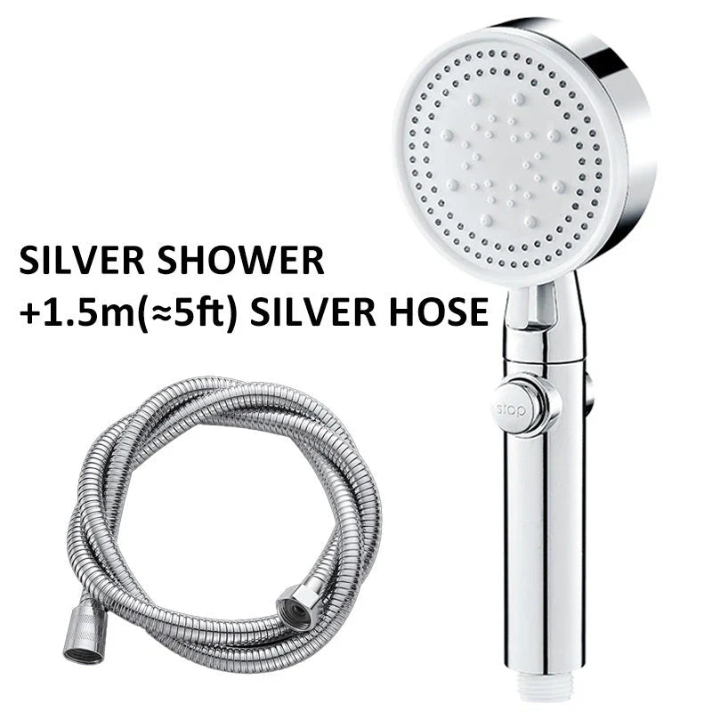 Premium high-pressure shower head with 5-speed supercharged spray patterns, large water output, and modern minimalist design