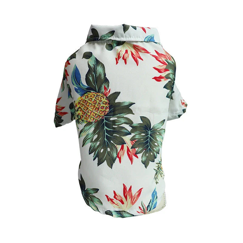 Chic summer dog shirt in vibrant tropical prints, made of breathable chiffon fabric for comfort