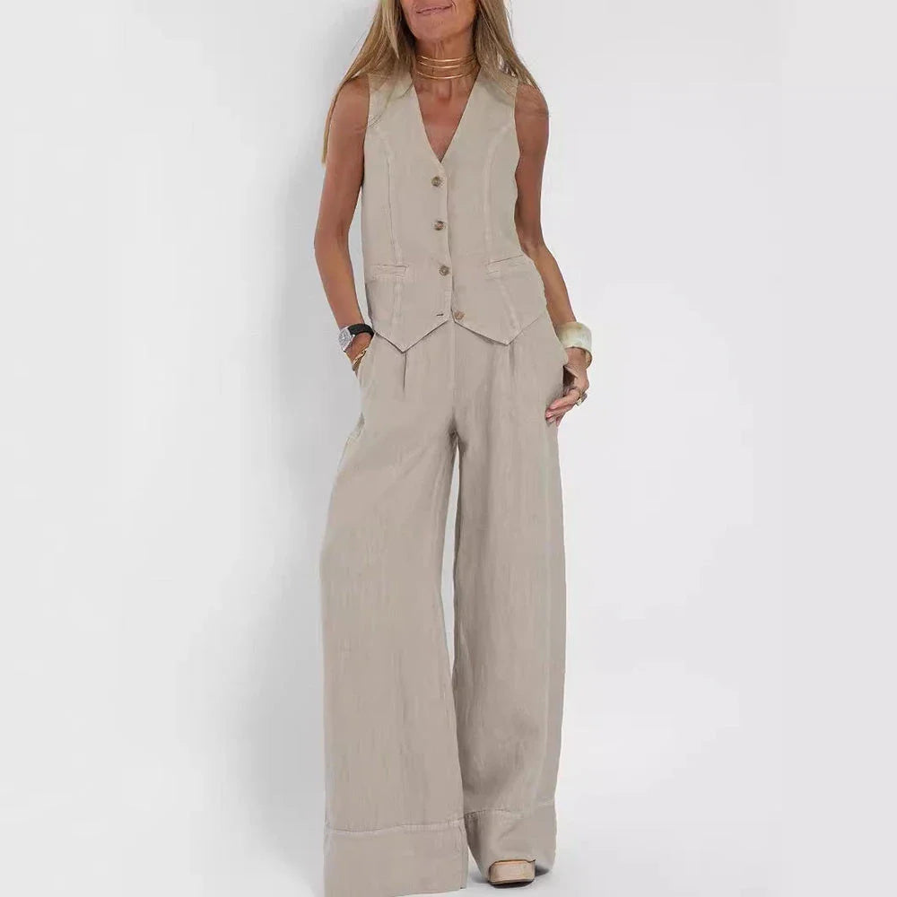 Sleeveless top and straight-leg trousers set in various colors, including apricot, olive green, black, and white.