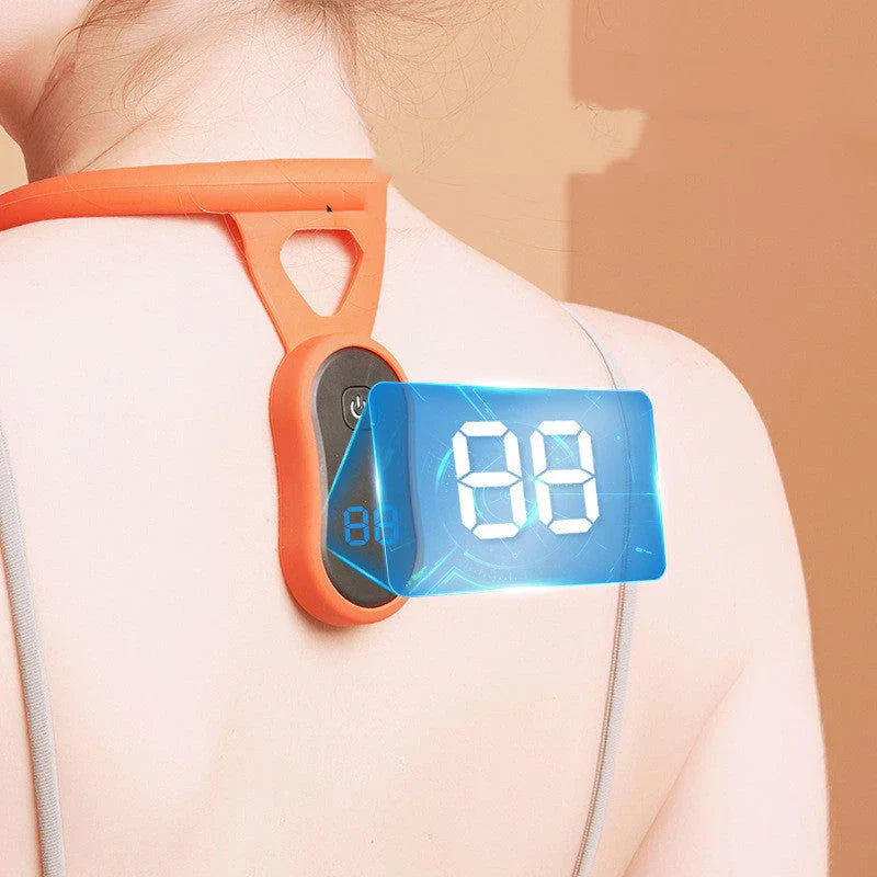 A smart neckband device with silicone construction designed to monitor posture and provide vibration alerts for improved ergonomics and well-being.
