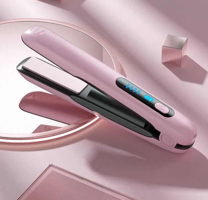 Cordless hair straightener and curler with adjustable temperature and long-lasting battery for on-the-go styling