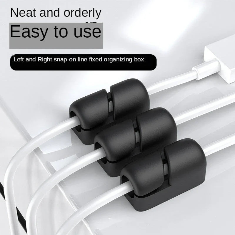 Premium silicone cable clips in various colours for organising and managing cables on desks, entertainment units, and other surfaces