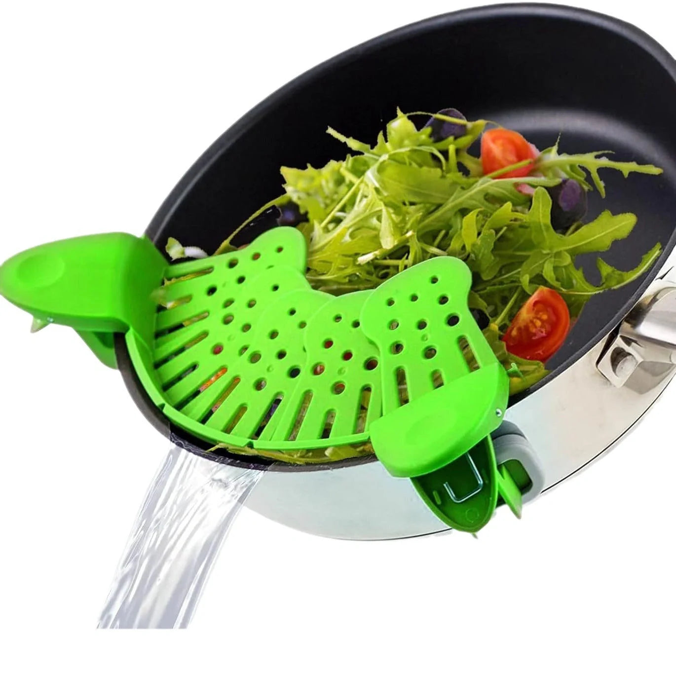 Universal Silicone Clip-on Pan Pot Strainer in purple and green, showcasing its compact design and clip mechanism