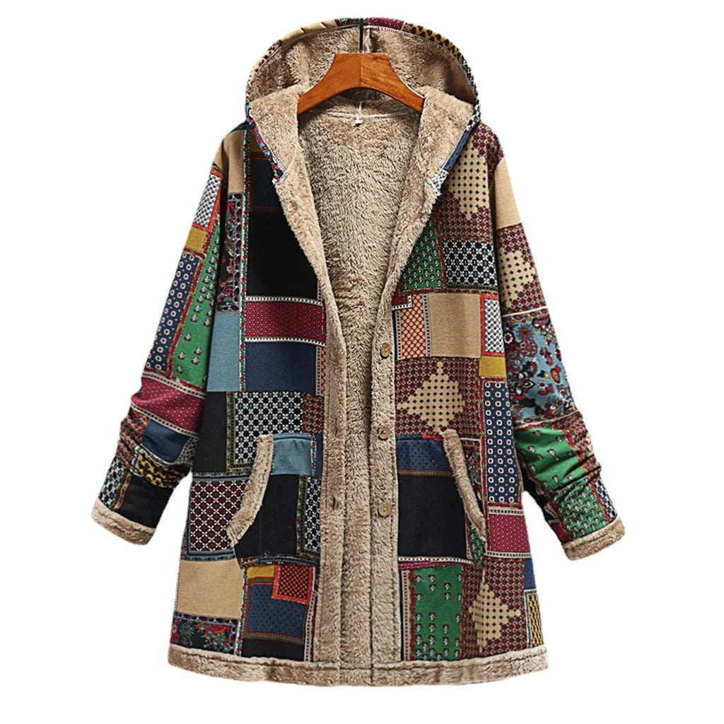 Stylish printed cotton and linen hoodie with warm plush lining, perfect for cooler weather.