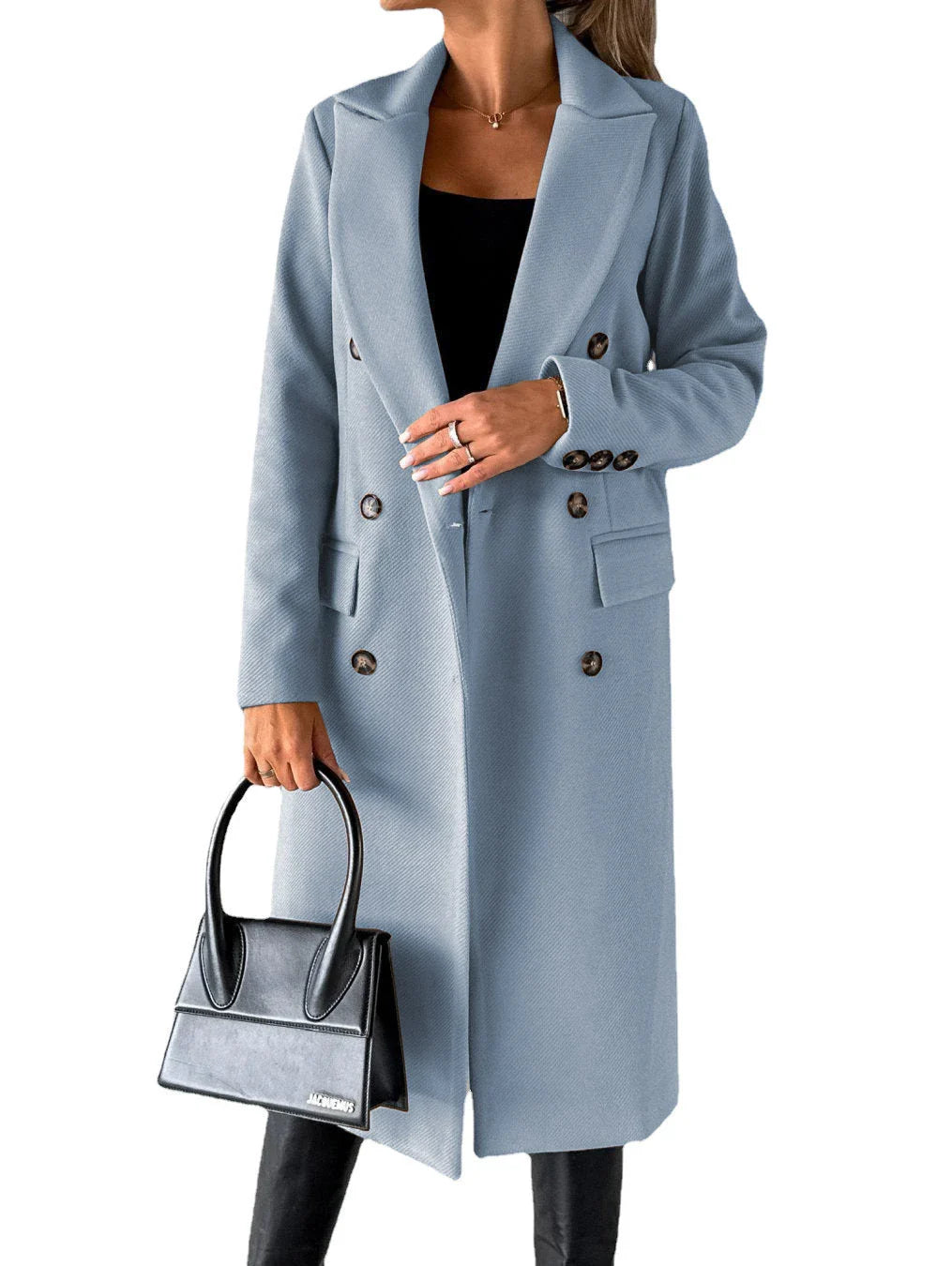 Women's long polyester winter coat in various colors including light grey, black, khaki, army green, and more