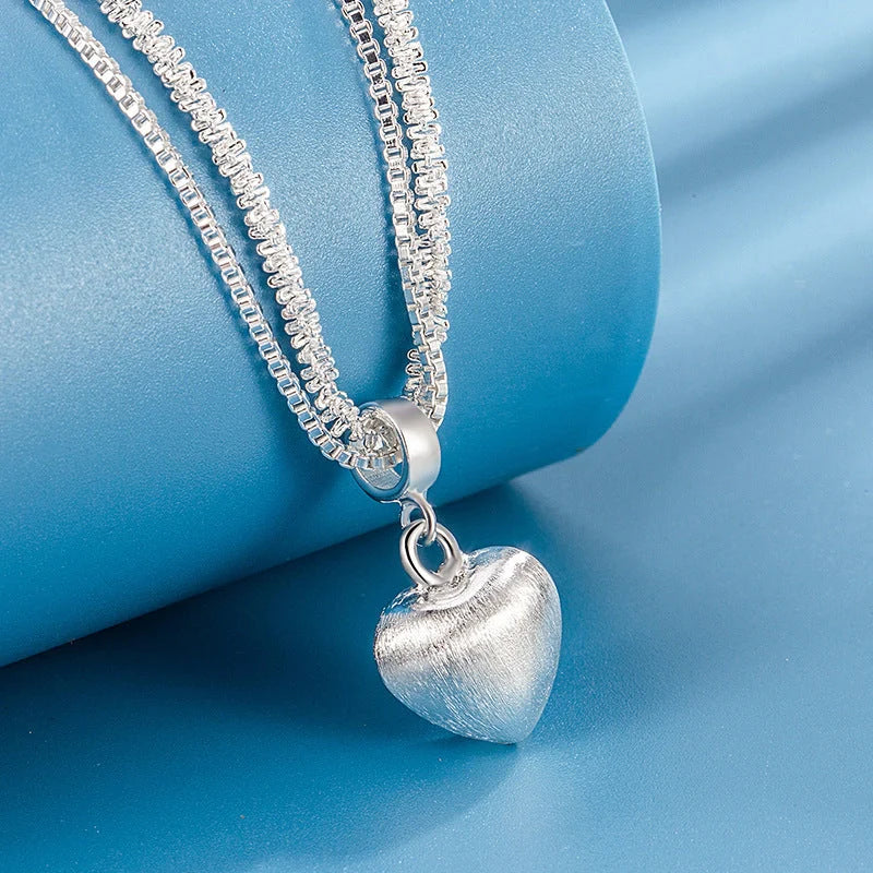 Double layer brushed heart pendant necklace with water wave chain for women