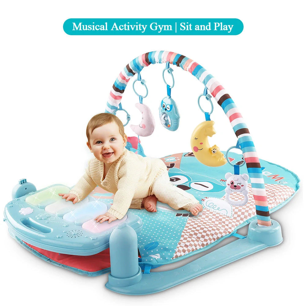 Interactive baby play mat with piano keyboard and bear rattle for sensory development