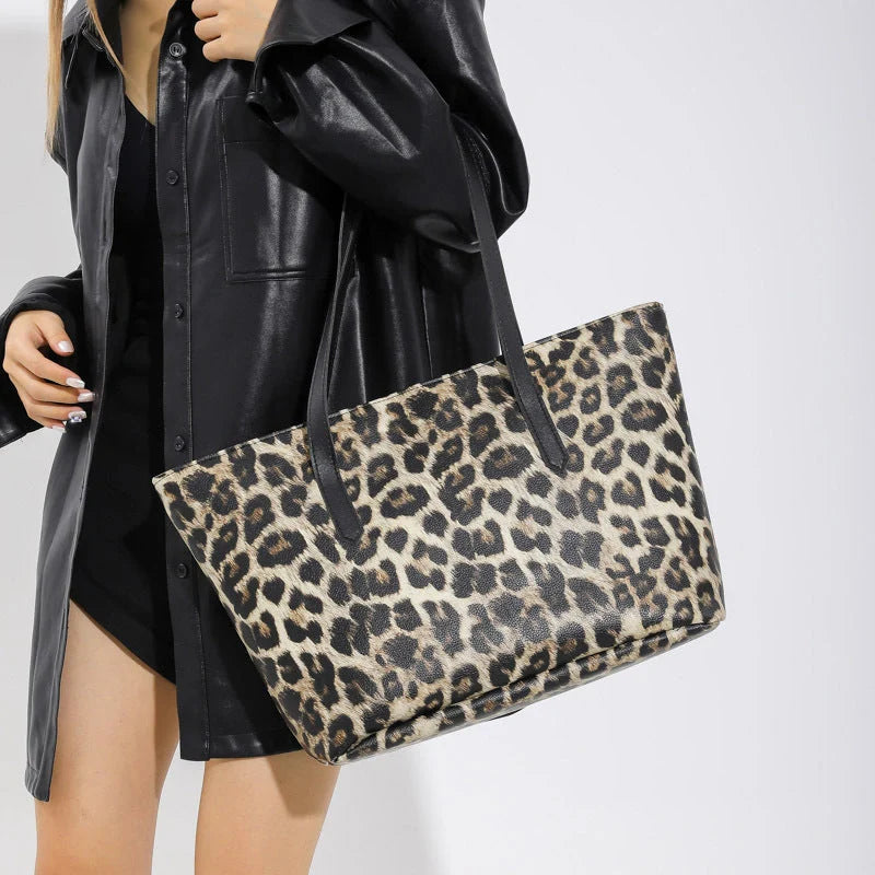 Leopard print tote set with multiple compartments and double shoulder straps