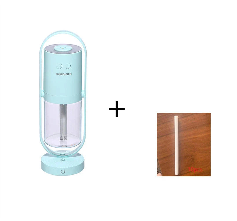 Compact USB Powered Desktop Humidifier with Ambient Lighting, featuring adjustable mist nozzle and romantic starry projection