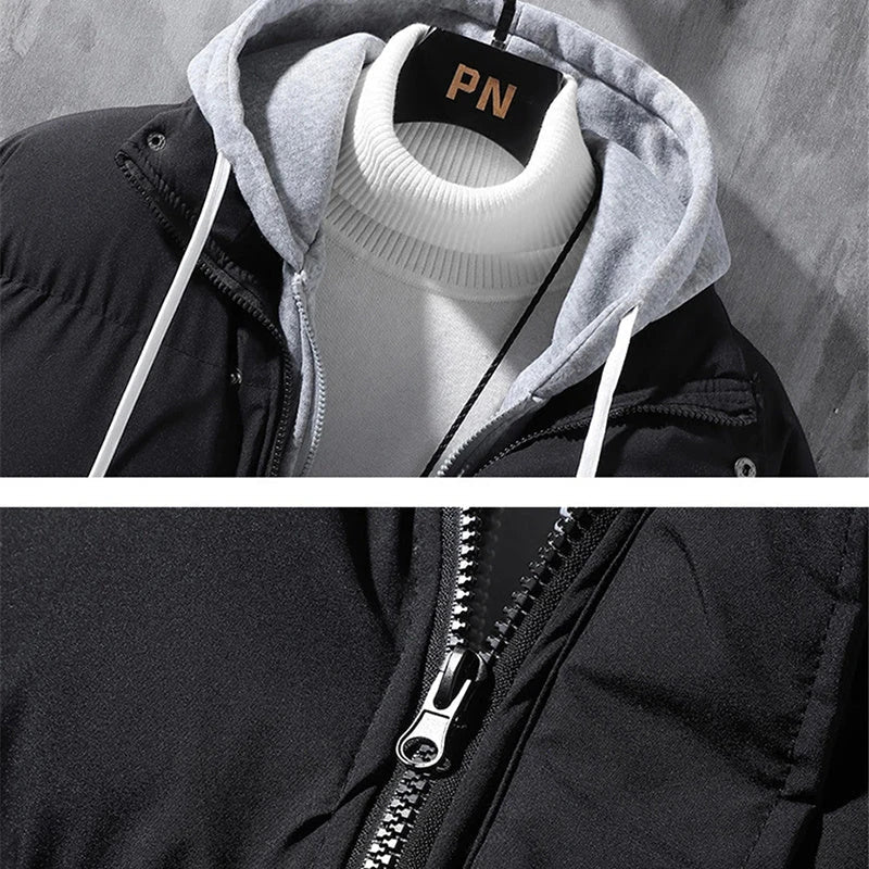 Premium insulated winter jacket for men in various colors, including black, khaki, pink, and blue. The jacket features a hooded design, front zipper closure, and adjustable drawstrings for a customized fit.