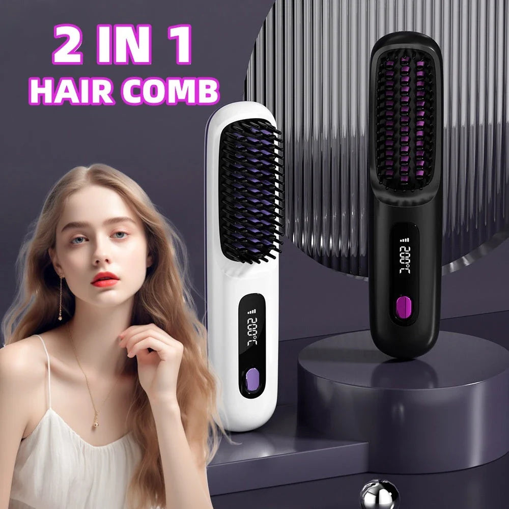 Cordless 2-in-1 Hair Straightener Brush with LCD Display, Offering Versatile Styling on the Go