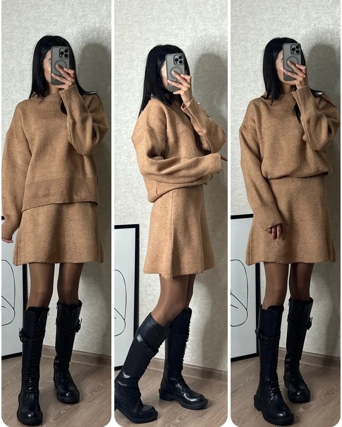 Sophisticated two-piece knit jumper and mini skirt set in a range of classic colours