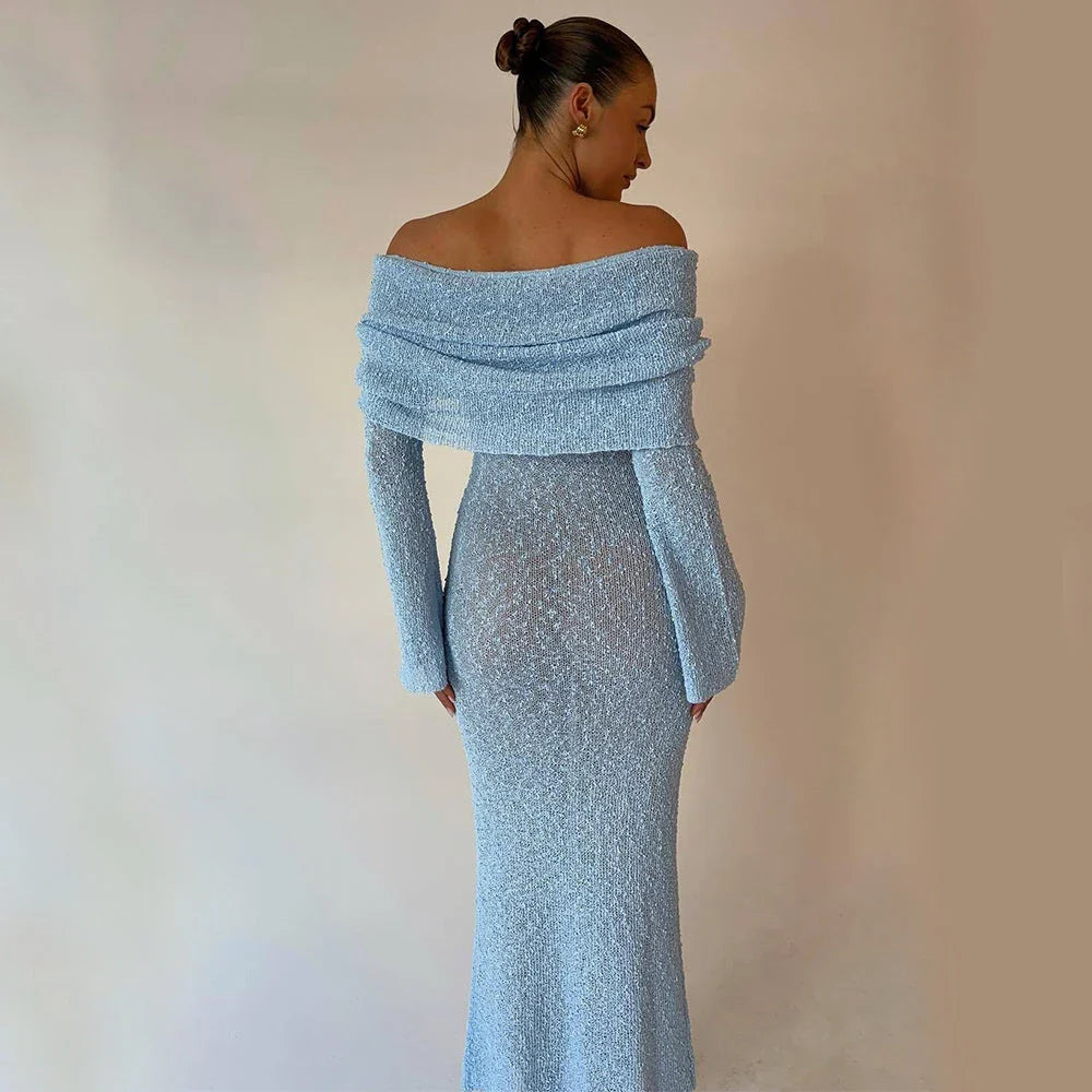 A one-shoulder knit maxi dress in various colors, perfect for beach vacations and summer events.