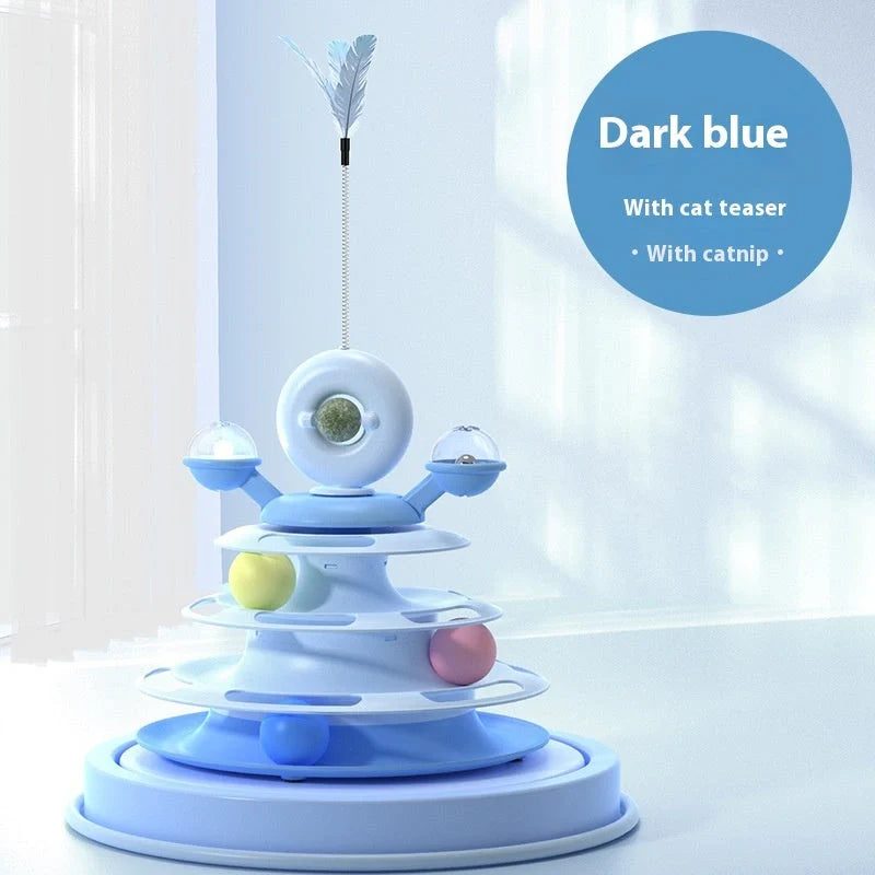 Interactive 4-level cat toy tower with turntable and roller balls in vibrant colours