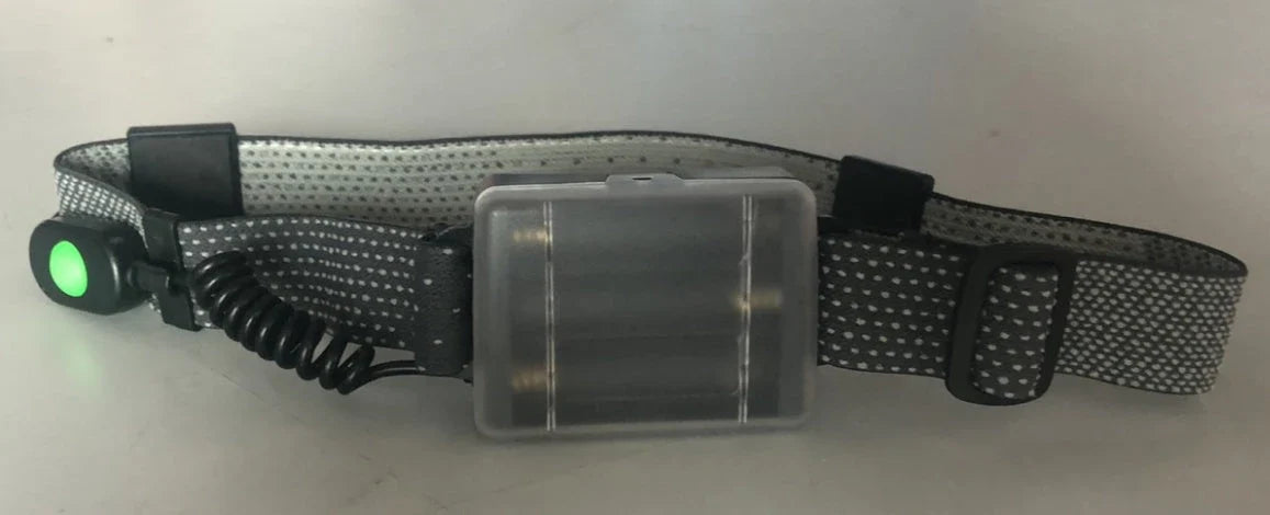 Rechargeable LED headlamp with red safety light, perfect for outdoor activities like cycling, camping, and fishing