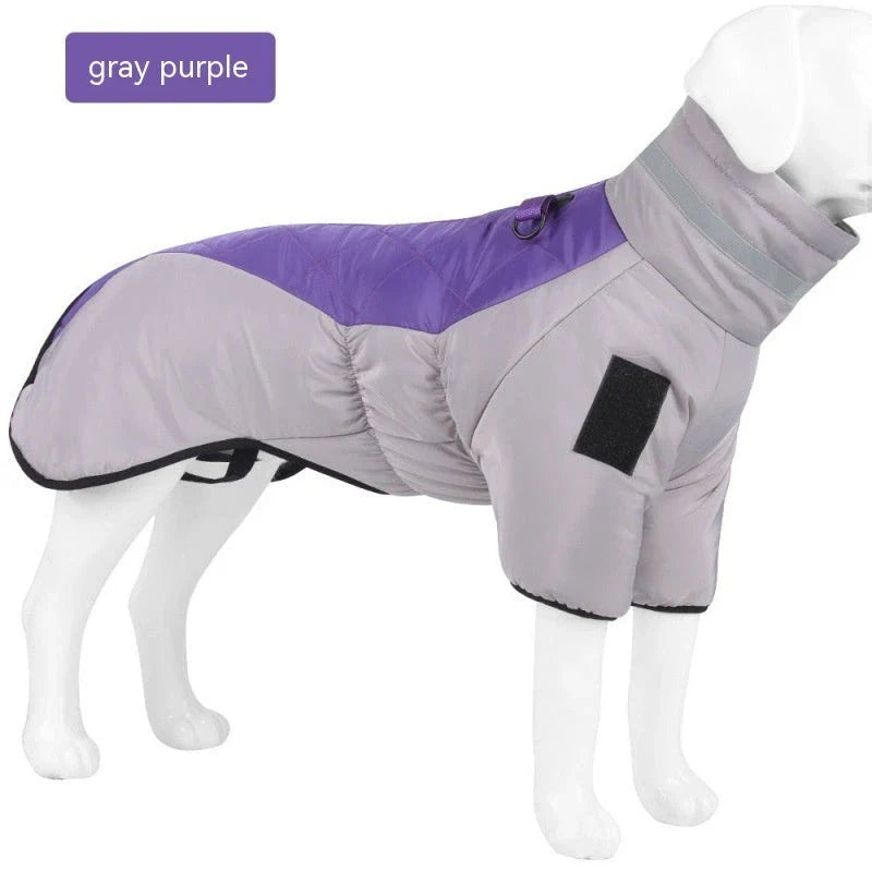 Warm and waterproof dog coat in various colors, designed for medium to large dogs to keep them cozy and protected during the winter.