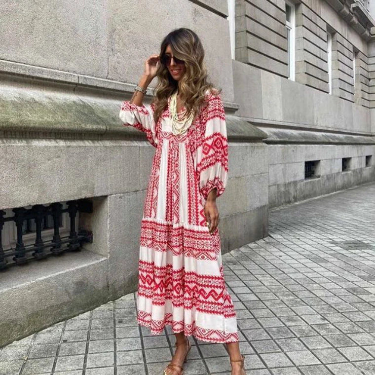 A bohemian-inspired floral midi dress in a variety of vibrant colors for the perfect summer look