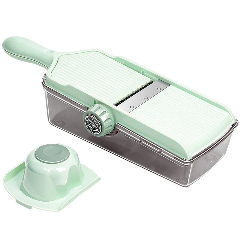 Versatile vegetable slicer with adjustable thickness, ideal for slicing, shredding, and julienning a variety of ingredients