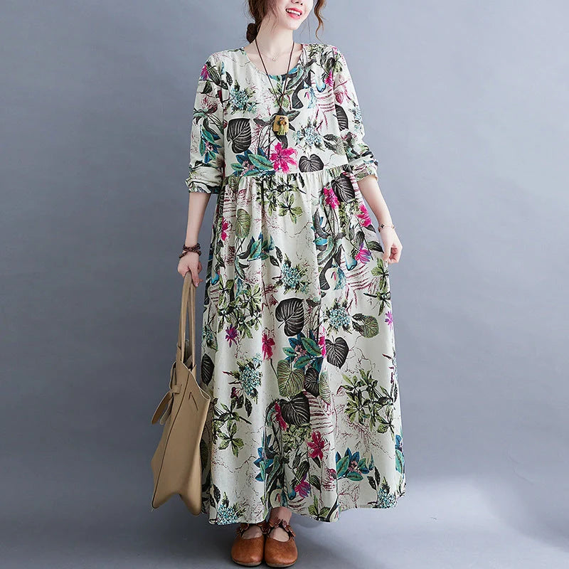 Literary Plus Size Printed Long Sleeve Cotton Blend Dress in vibrant colours