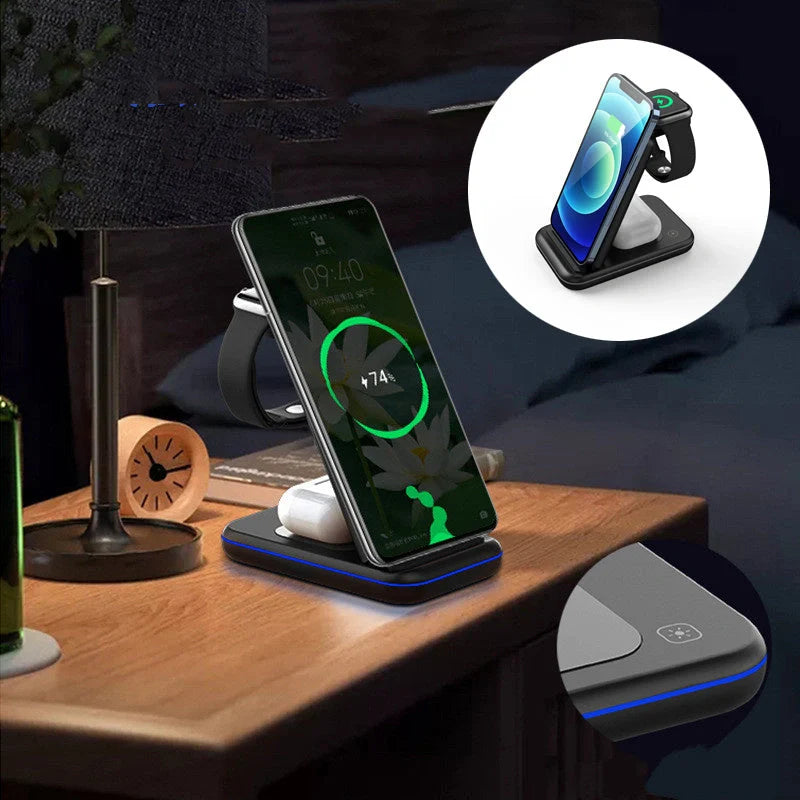 Folding Three-in-one Wireless Charger with smart cooling technology and ergonomic design
