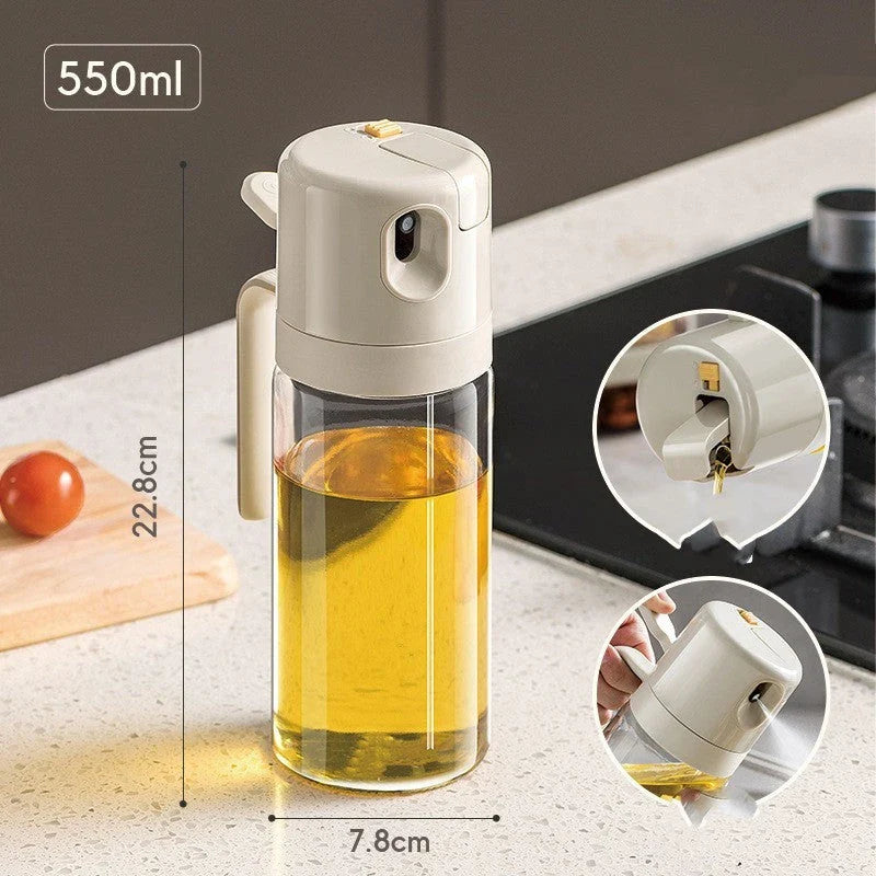 Versatile 2-in-1 Oil Sprayer Bottle with automatic opening, dual pouring and spraying modes, and easy cleaning design