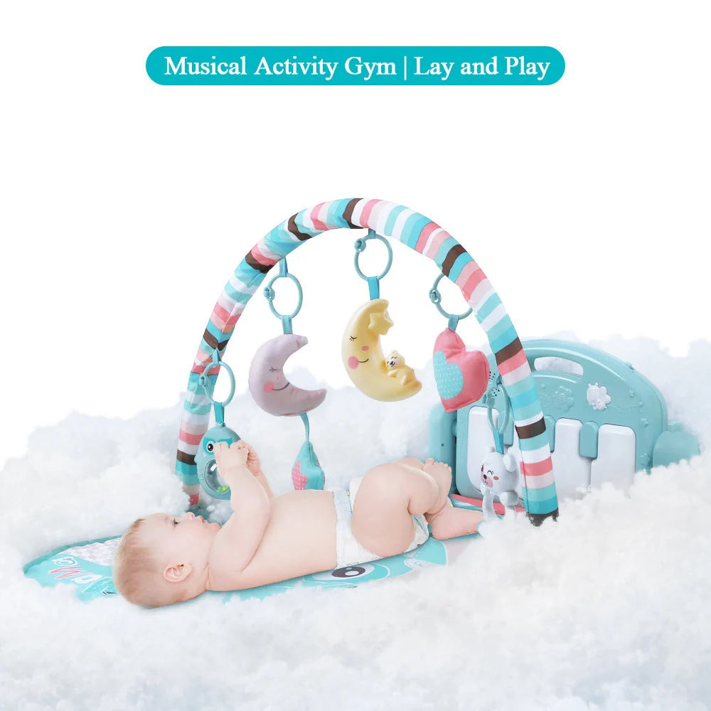 Interactive baby play mat with piano keyboard and bear rattle for sensory development