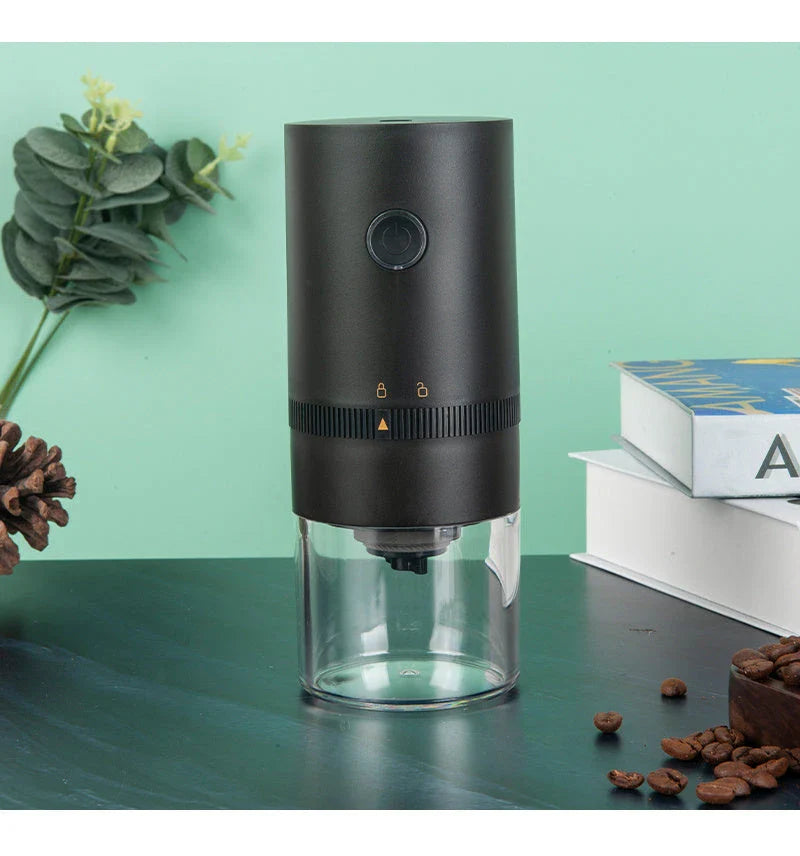 Portable electric coffee grinder with adjustable grind settings, USB-C charging, and dishwasher-safe components for fresh ground coffee on the go.