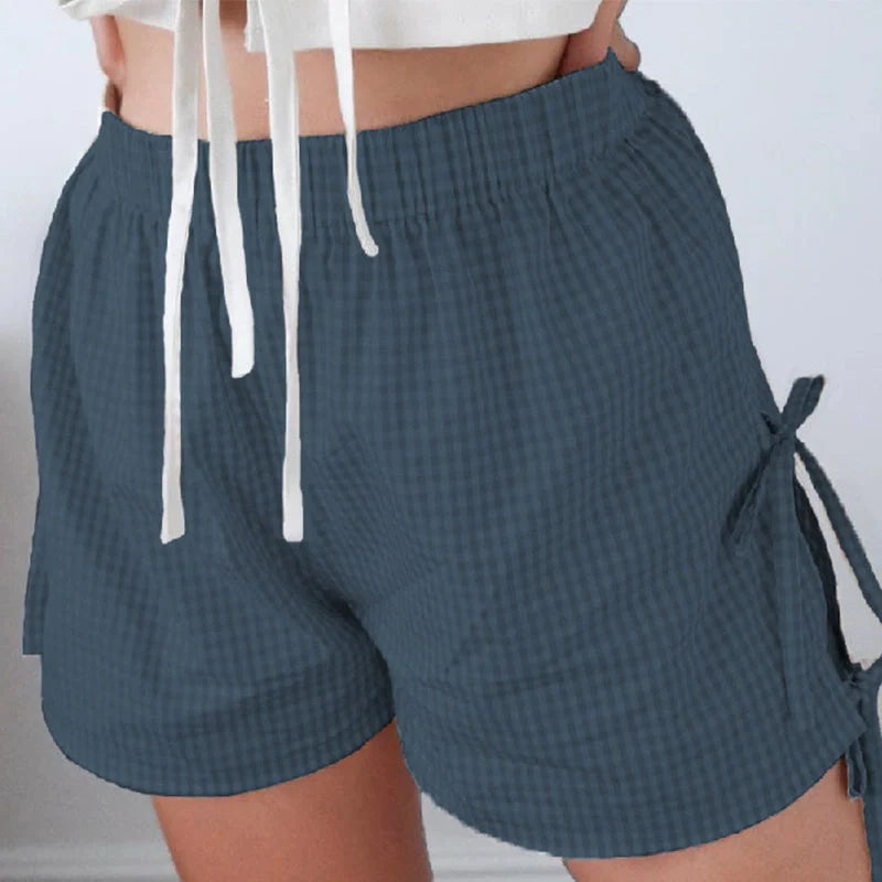Women's stylish loose plaid shorts with lace-up design for summer