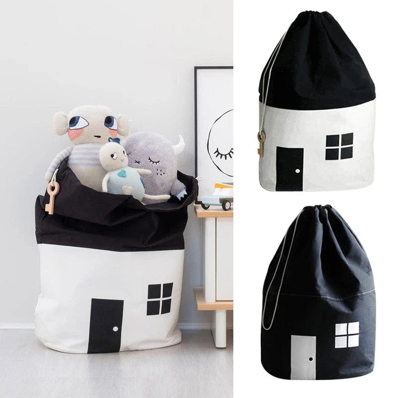 Cotton canvas storage bag with house design for storing kids' toys, clothes, and other items in their room