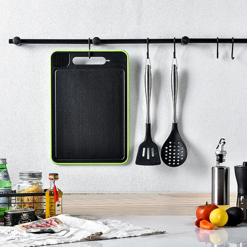 Versatile cutting board with dual-sided design, grinding teeth, and built-in whetstone for efficient chopping, grinding, and knife sharpening in the kitchen