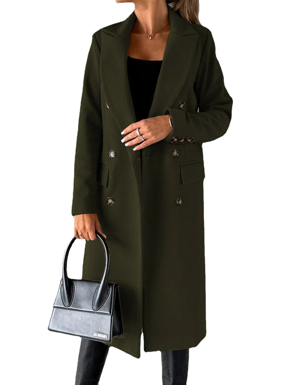Women's long polyester winter coat in various colors including light grey, black, khaki, army green, and more