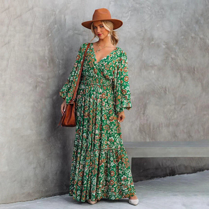 Stylish Printed Halter Maxi Dress with Long Sleeves